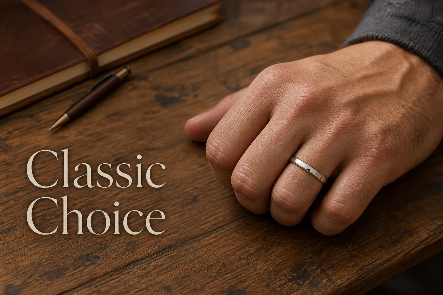 Alliance en argent 925 de 3 mm sur une main masculine, posée sur une table vintage en bois avec le texte