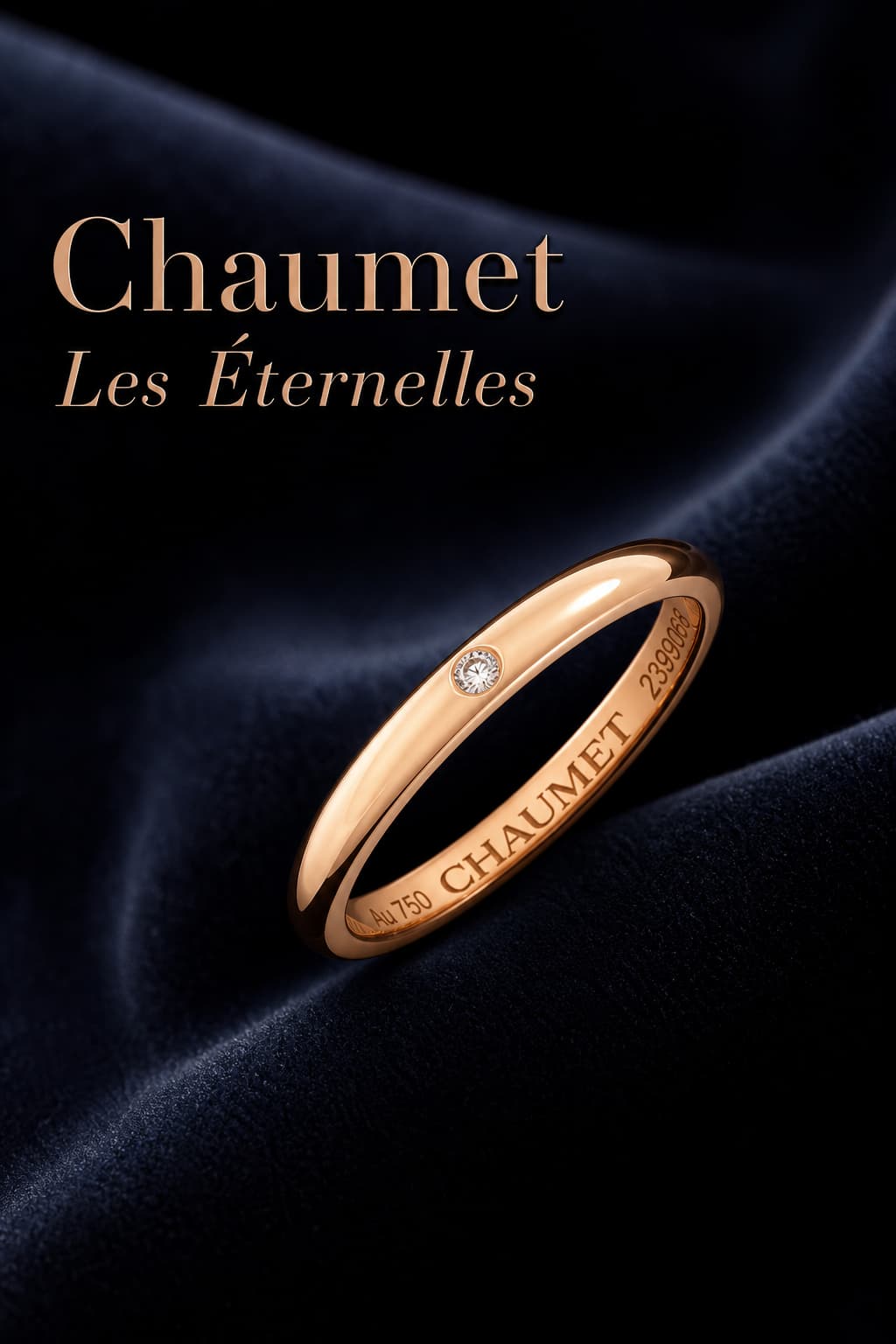Alliance pour homme en or rose avec un petit diamant, de la Maison Chaumet, posée sur un fond de velours noir avec un éclairage élégant et le texte