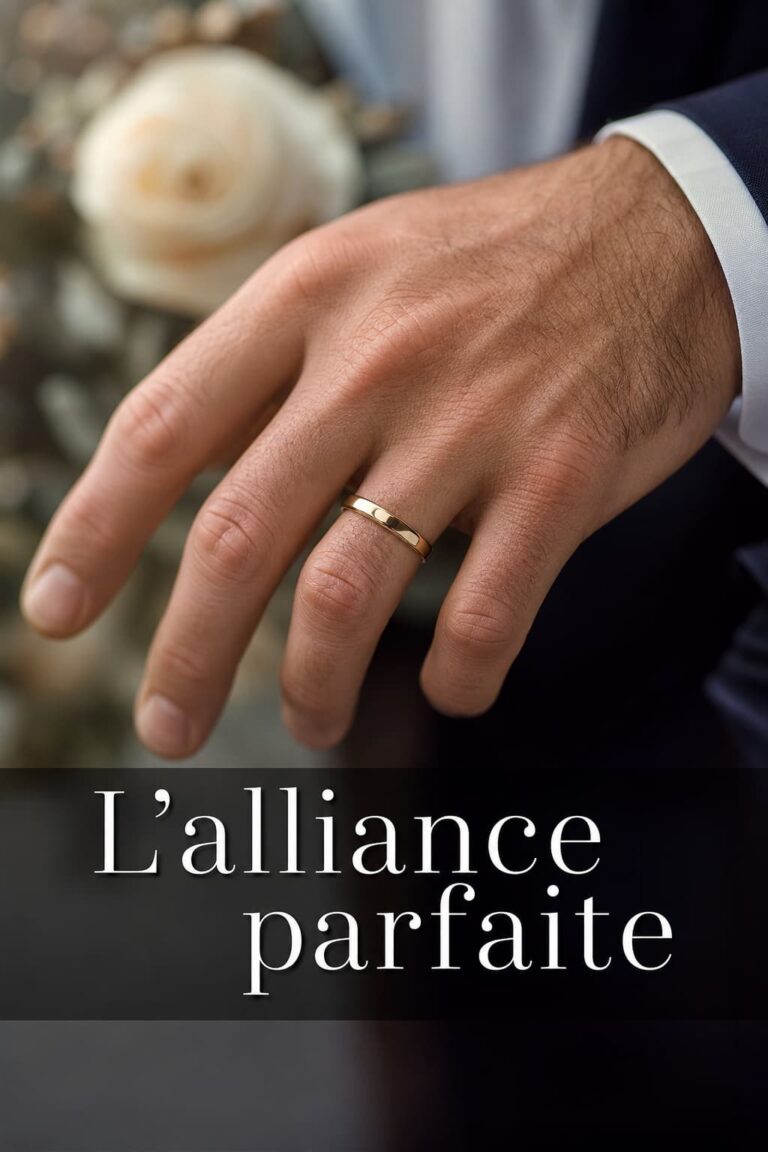 Gros plan d'une main d'homme portant une alliance simple et élégante, avec un arrière-plan romantique flou et une incrustation de texte 'L'alliance parfaite'.