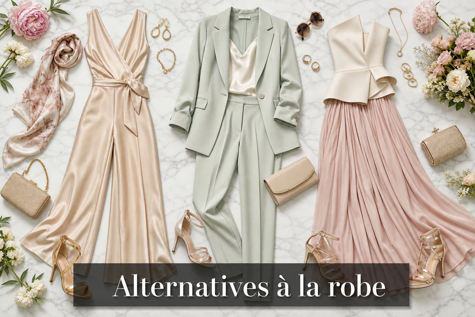 Vue de dessus sur marbre de trois tenues alternatives à la robe pour un mariage accompagnées de fleurs et d