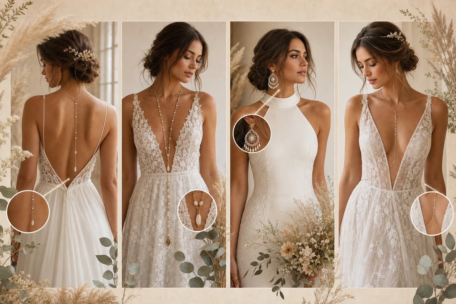 Collage éditorial illustrant des associations de bijoux bohèmes avec différents styles de robes de mariée, incluant dos nu, col V, col haut et décolleté plongeant, sur fond neutre avec éléments botaniques.