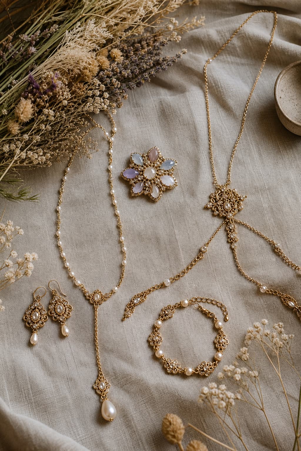 Composition de bijoux de mariage bohèmes comprenant un collier dos ras-de-cou doré avec perles d