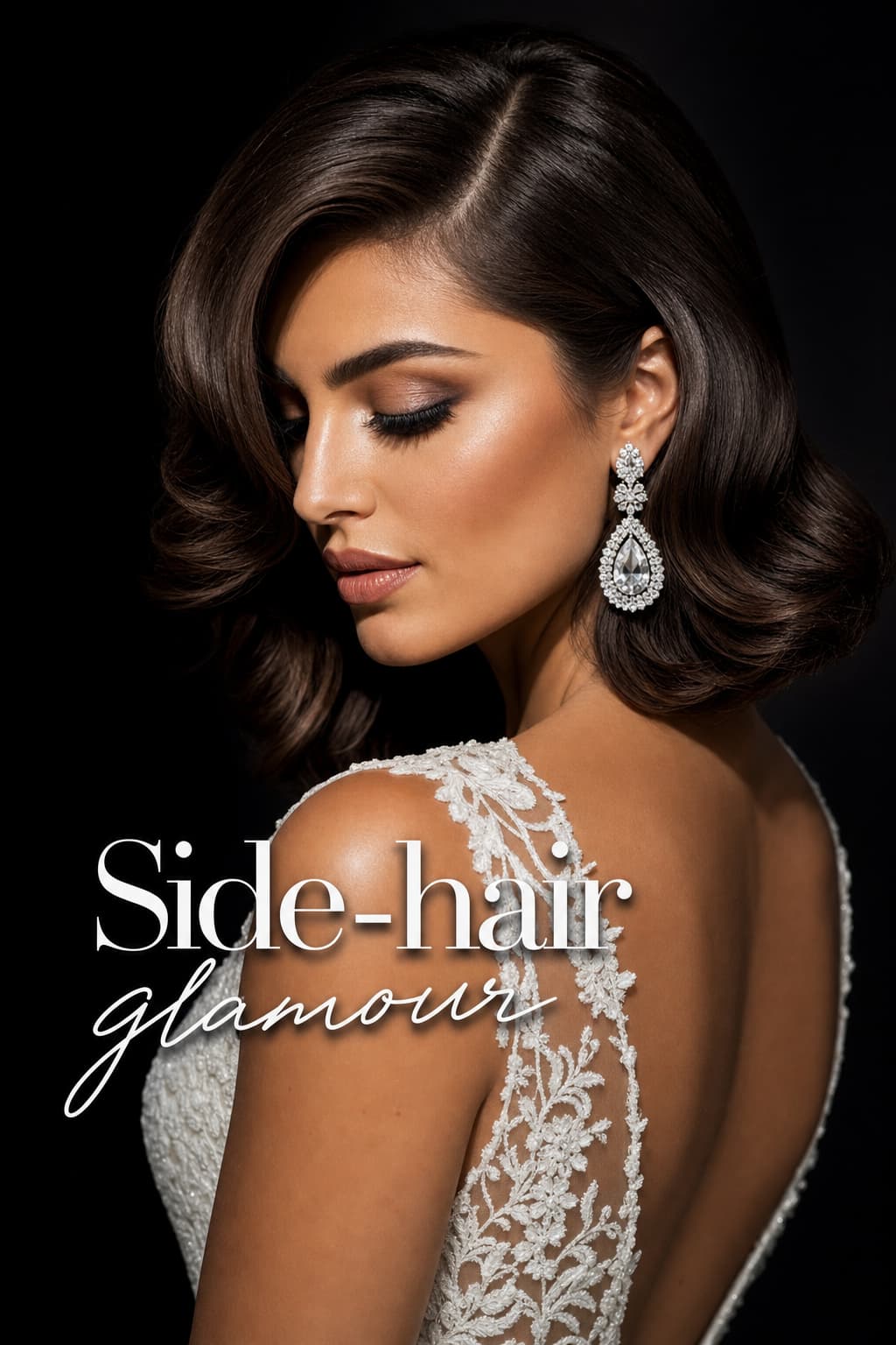 Coiffure bob latéral glamour pour mariage, racines volumineuses et ondulations douces, raie latérale profonde, boucles d