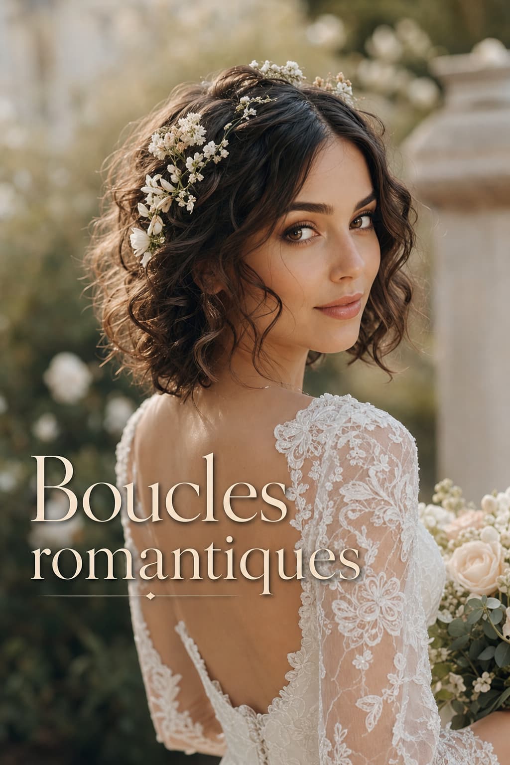 Une mariée avec une coupe au carré ondulé, des boucles lâches encadrant son visage, de subtils accessoires floraux, dans un jardin extérieur avec un effet bokeh et une lumière naturelle chaude, avec le texte