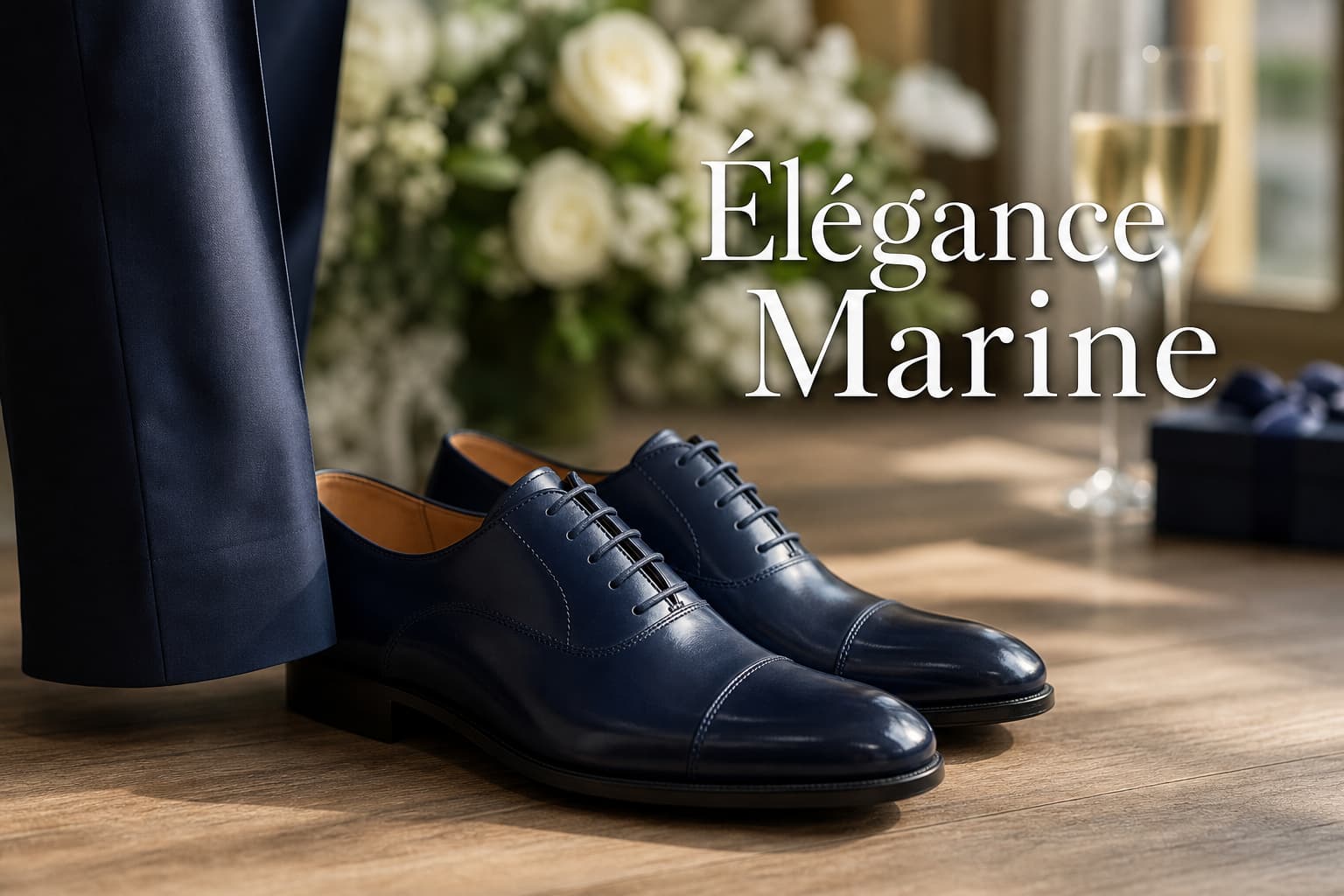 Paire de chaussures habillées en cuir bleu marine cirées sur un plancher en bois à côté d