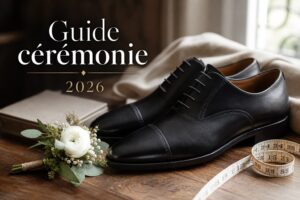 Paire de chaussures habillées pour homme en cuir noir sur une surface en bois, avec un mètre de tailleur et une boutonnière, éclairage naturel doux, et texte superposé 'Guide cérémonie 2026' avec ombre portée.