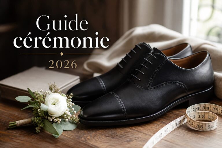 Paire de chaussures habillées pour homme en cuir noir sur une surface en bois, avec un mètre de tailleur et une boutonnière, éclairage naturel doux, et texte superposé 'Guide cérémonie 2026' avec ombre portée.