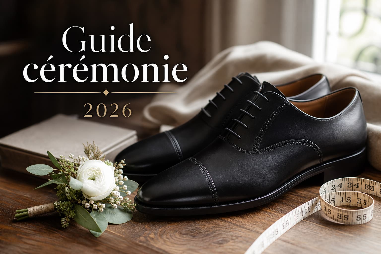 Paire de chaussures habillées pour homme en cuir noir sur une surface en bois, avec un mètre de tailleur et une boutonnière, éclairage naturel doux, et texte superposé