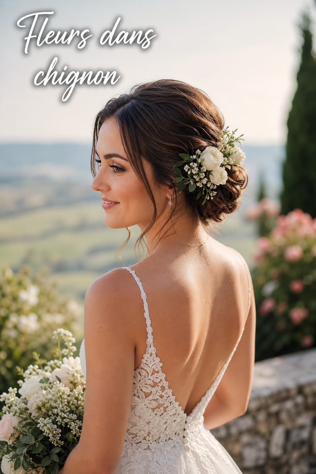 Une mariée aux cheveux mi-longs avec un chignon bas romantique orné de roses blanches et de verdure, dans un cadre de mariage champêtre en plein air, arrière-plan flou aux couleurs pastel, avec le texte