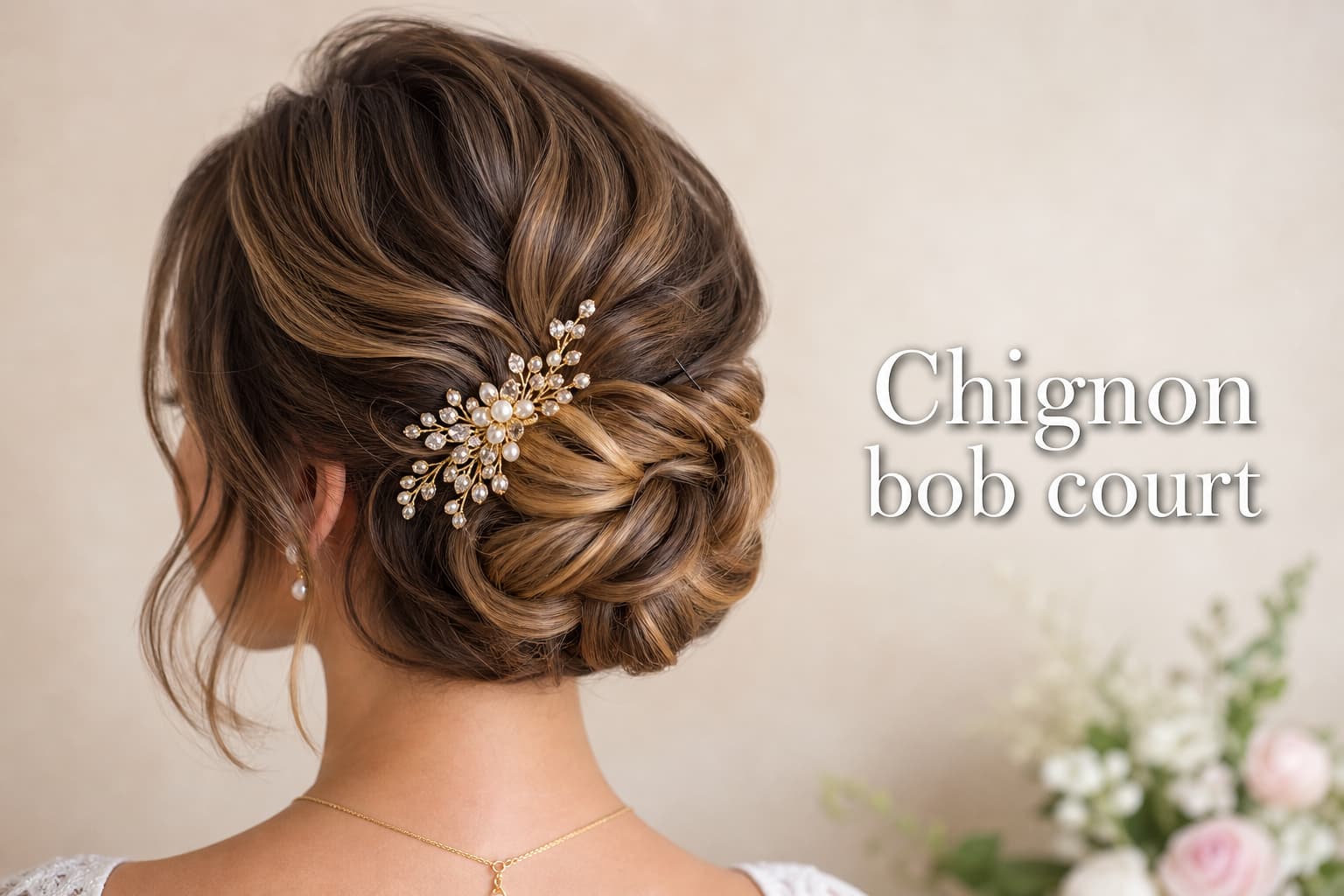 Chignon élégant sur cheveux courts de type bob, torsadé en un bun bas, avec un peigne à cheveux vintage, et le texte