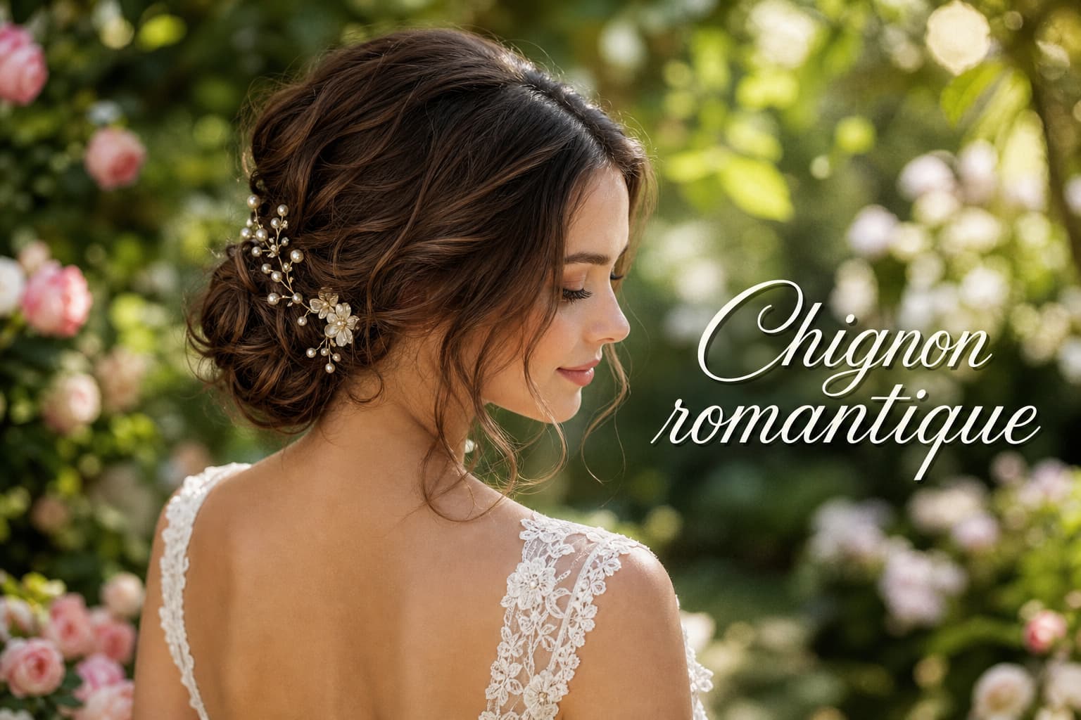 Un chignon bas romantique orné de perles et d