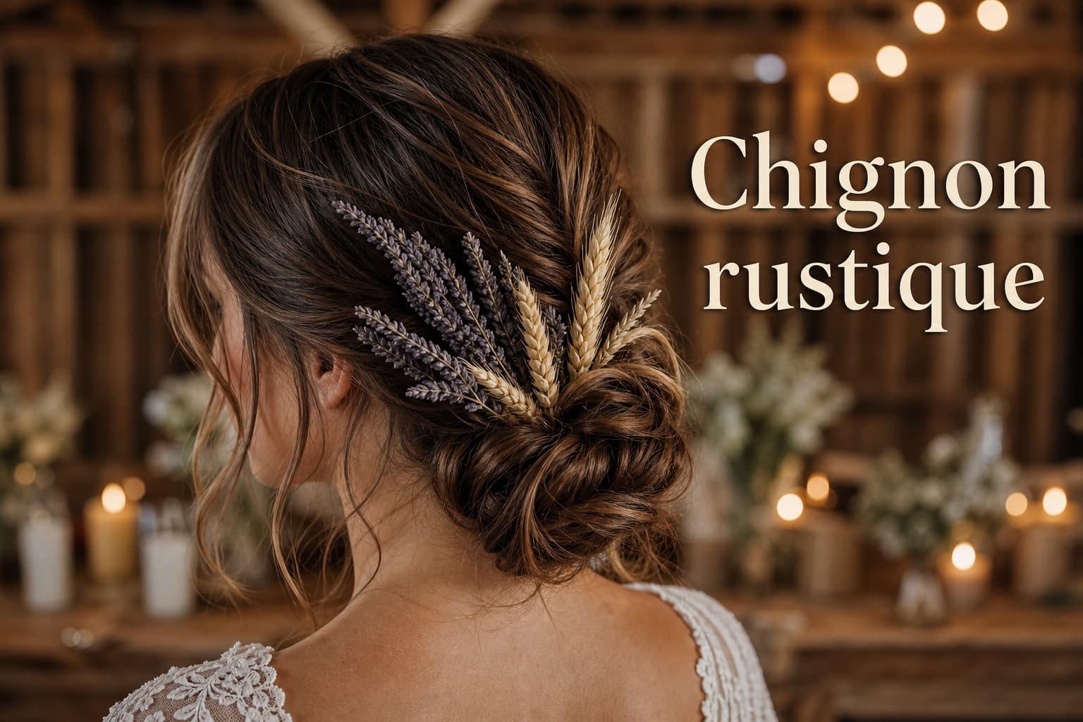 Chignon de mariage rustique texturé avec mèches lâches, orné de lavande séchée et de blé, dans une grange éclairée à la bougie, avec texte