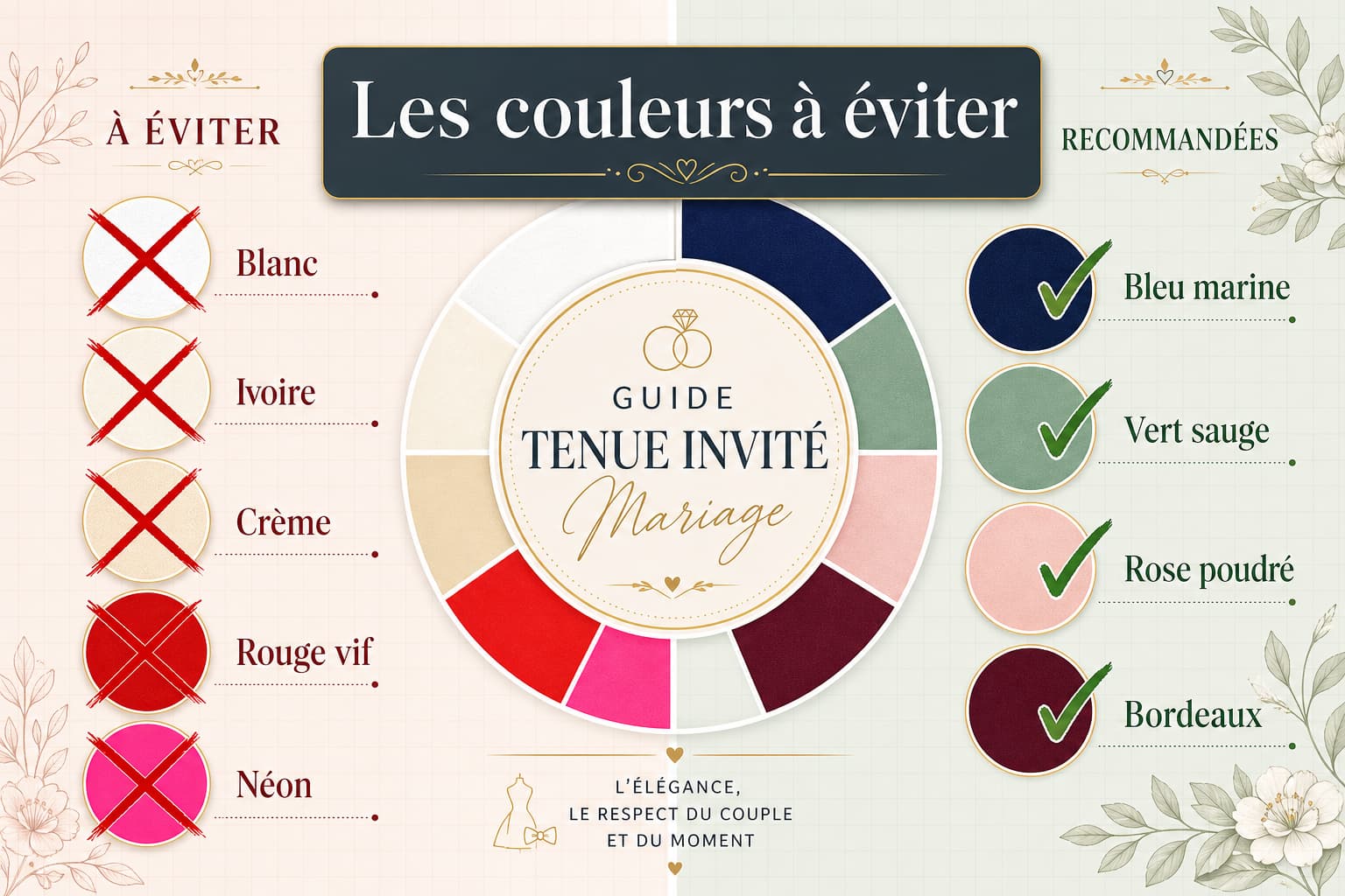 Infographie en forme de roue des couleurs pour les invités de mariage, avec des couleurs interdites barrées d