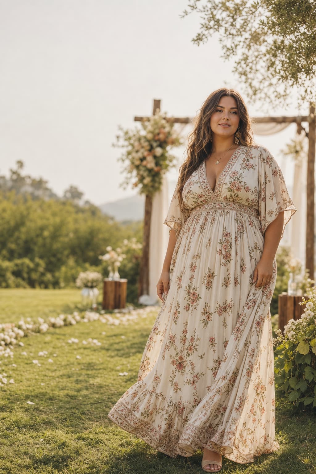 Une femme ronde en robe bohème chic à motifs floraux pose avec assurance dans un jardin de mariage baigné de lumière naturelle, avec une arche en bois en arrière-plan.