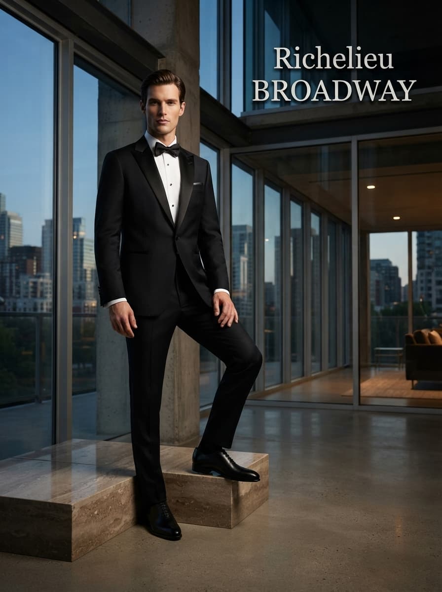 Homme en smoking slim-fit portant des richelieus noirs en cuir lisse, posant devant une architecture urbaine moderne avec de grandes baies vitrées.
