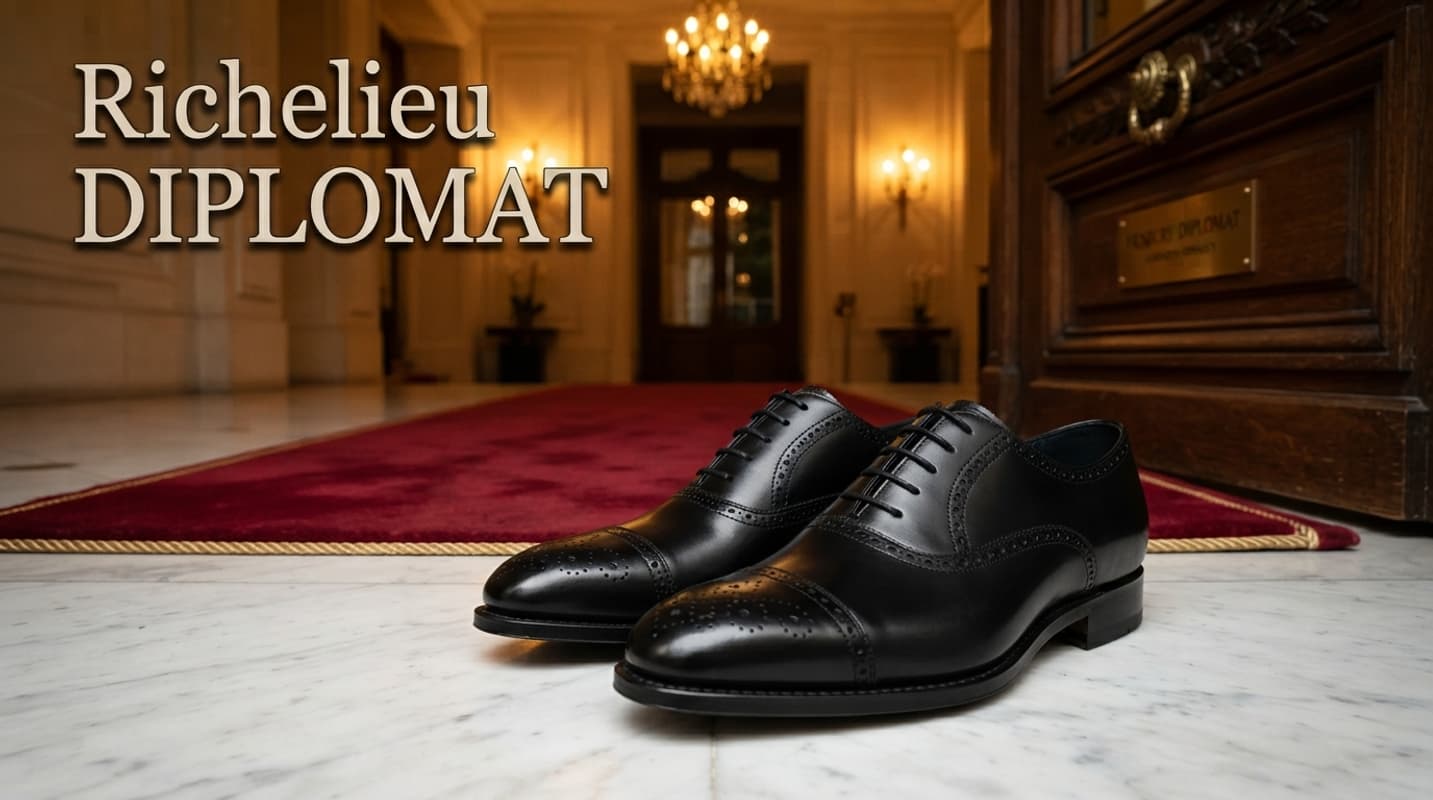 Chaussures Richelieu DIPLOMAT noires en cuir sur un sol en marbre à l