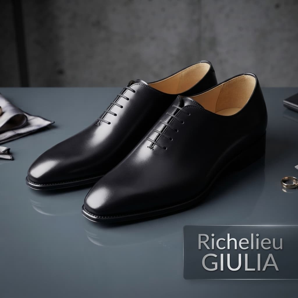 Chaussure de ville Richelieu noire en cuir lisse Finsbury, vue en contre-plongée sur surface réfléchissante avec le texte superposé