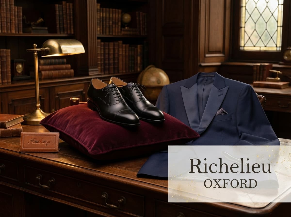 Soulier Richelieu Oxford en cuir noir posé sur un coussin de velours à côté d
