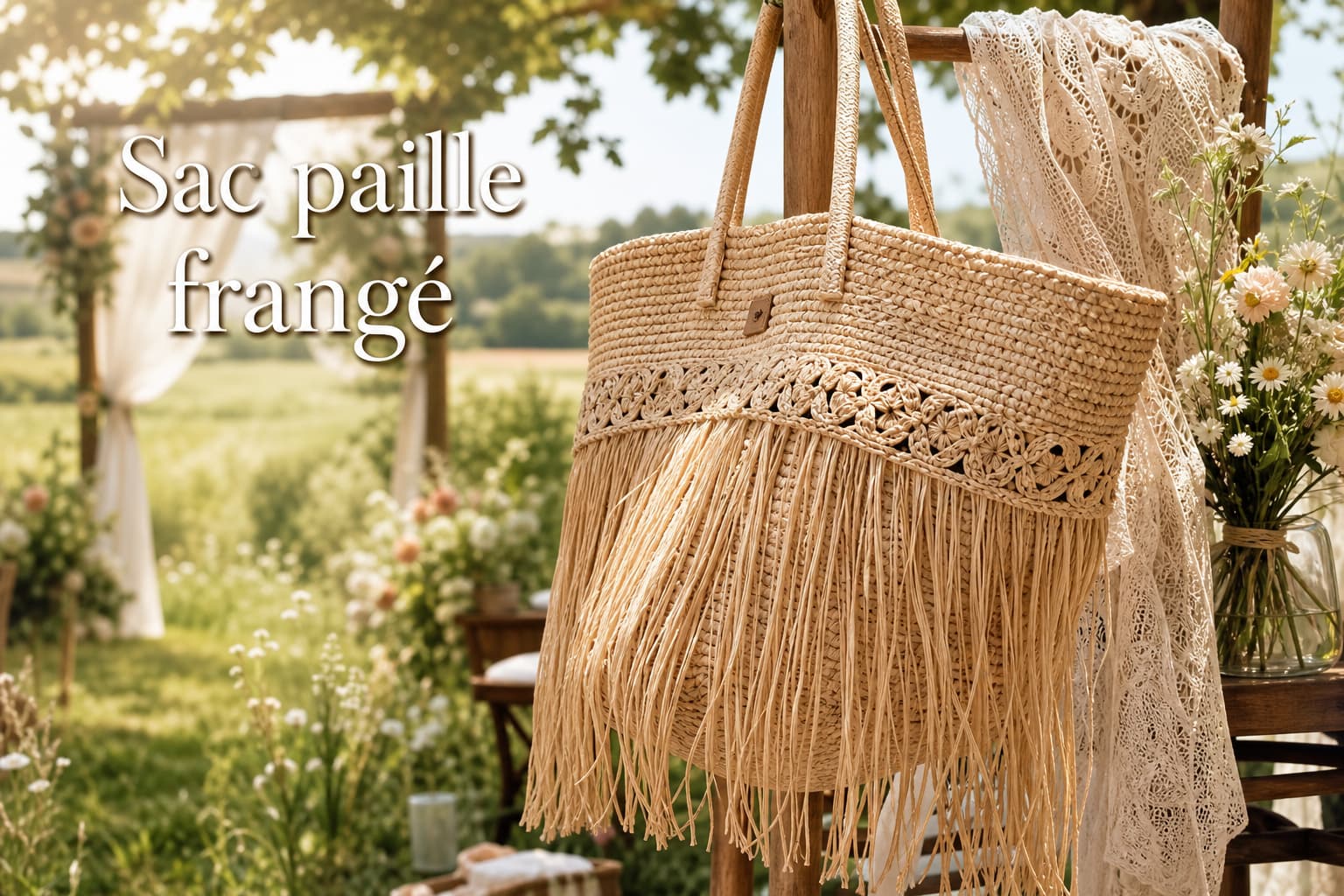 Grand sac à main bohème en paille avec franges, dans un champ fleuri baigné de soleil, surmonté du texte