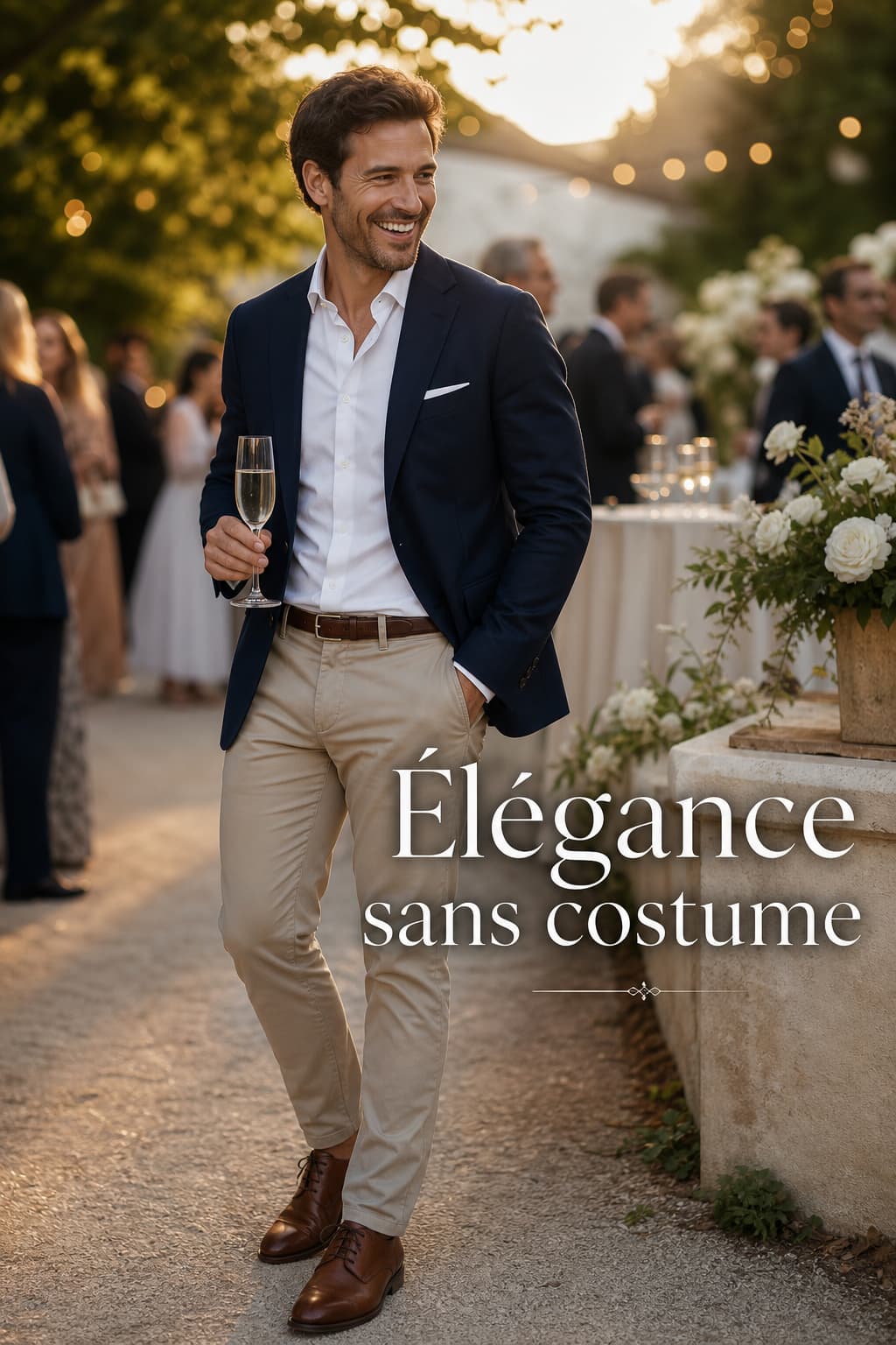Un homme élégant portant un blazer marine, une chemise blanche et un chino beige rit avec une flute de champagne lors d