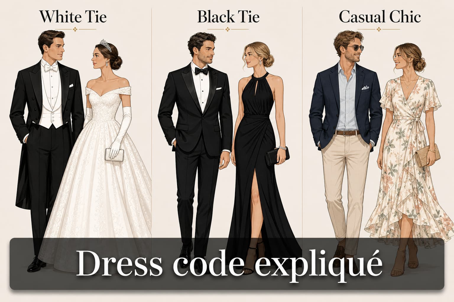 Trois paires stylisées illustrant les codes vestimentaires White Tie, Black Tie et Casual Chic sur fond neutre, avec le texte superposé