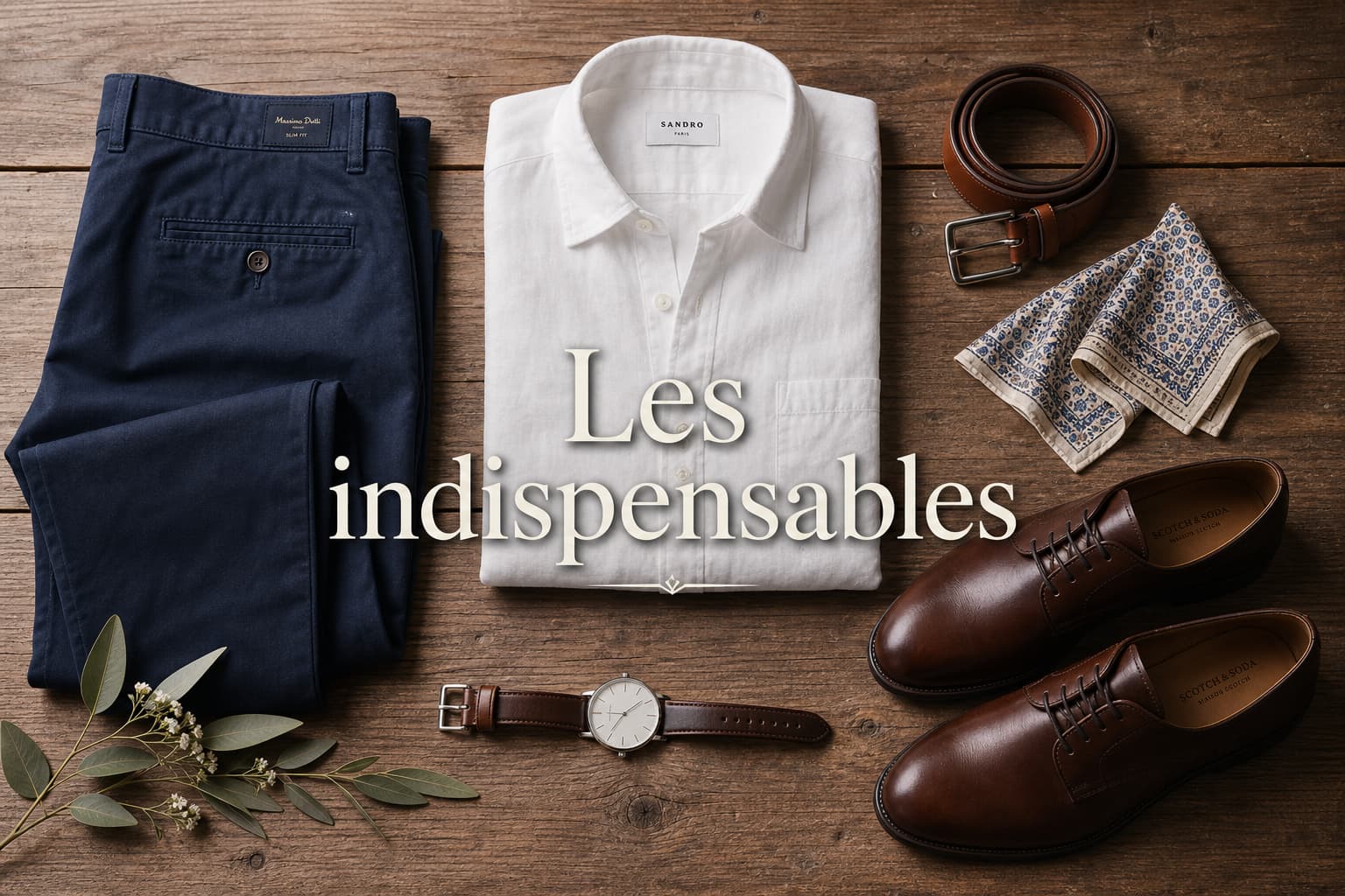 Des chinos bleu marine, une chemise en lin blanc, une ceinture en cuir marron, des derbies marron cirées, une pochette et une montre simple, disposés à plat sur une table en bois rustique, avec l