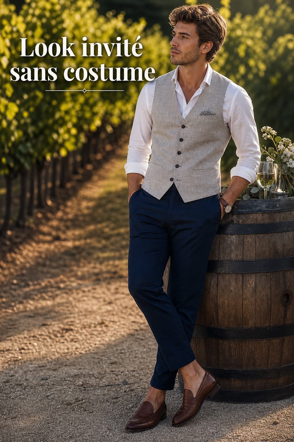 Un jeune homme stylé en veste de lin gris clair sur chemise blanche, pantalon bleu marine et mocassins marron, appuyé contre un tonneau dans un vignoble baigné de lumière dorée, avec le texte superposé