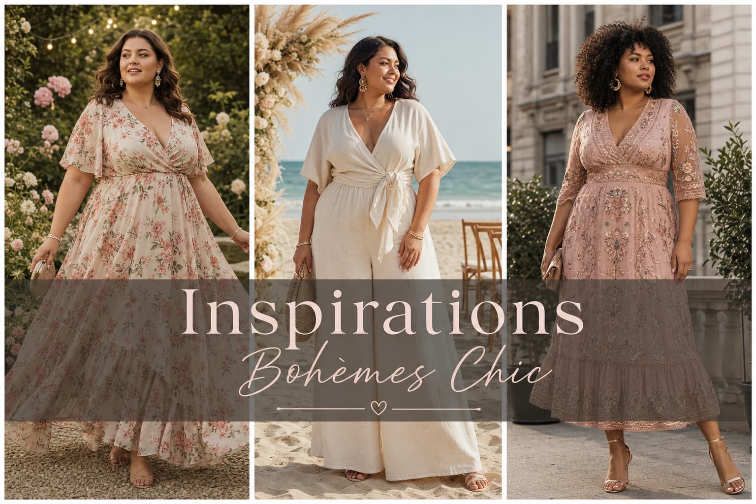 Moodboard éditorial présentant trois femmes de grande taille portant des looks bohèmes chic pour un mariage, avec un texte semi-transparent