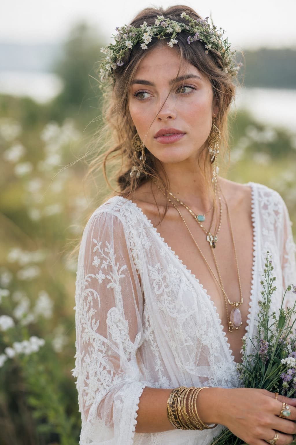 Mariée portant une couronne florale, des colliers superposés avec pendentifs turquoise et quartz rose, et des bracelets dorés empilés, devant un fond naturel avec fleurs sauvages et verdure, sous un éclairage naturel doux.