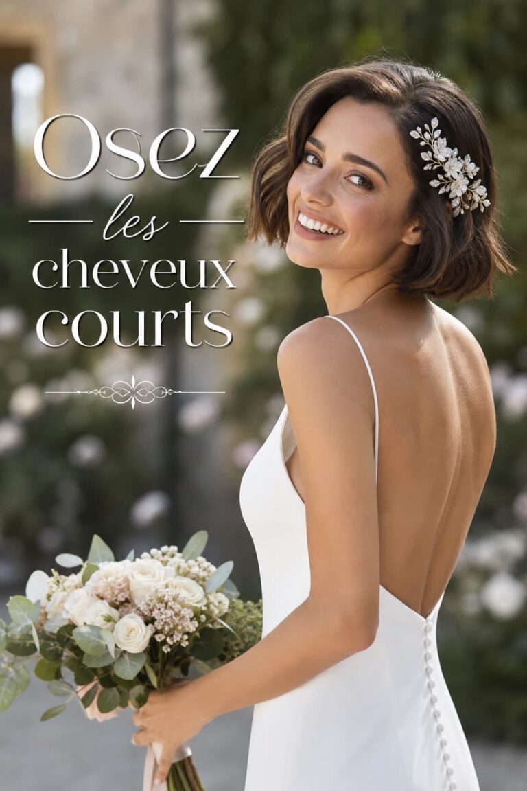 Une mariée souriante aux cheveux courts ornés d'un peigne floral, vêtue d'une robe de mariée minimaliste, dans un jardin flou avec un éclairage doux, et le texte 'Osez les cheveux courts' en surimpression avec ombre portée.