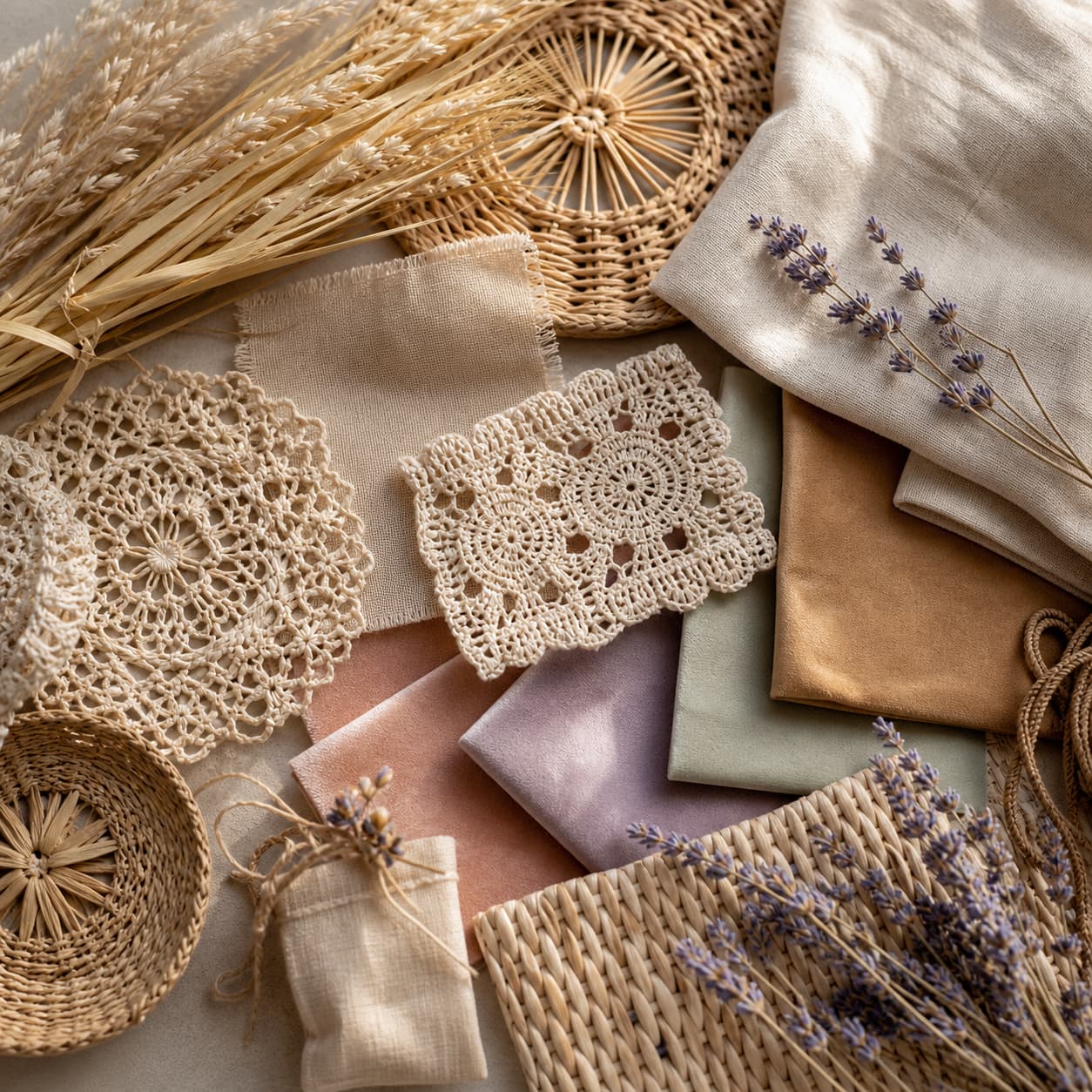 Composition en vue de dessus de matériaux naturels pour mariage bohème chic : paille brute, vannerie en osier, dentelle au crochet, lin, daim, velours et lavande séchée, avec un éclairage doux.