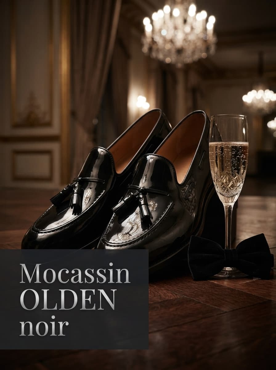 Mocassin en cuir verni noir Finsbury OLDEN en gros plan, reflétant la lumière d