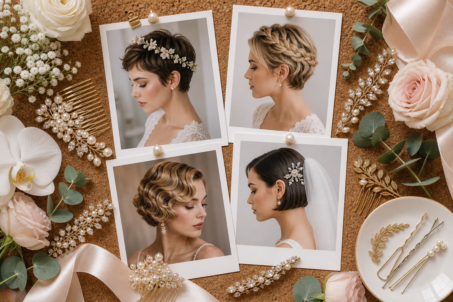 Un tableau en liège comportant plusieurs photographies de style polaroid montrant différentes coiffures de mariée pour cheveux courts, entourées d