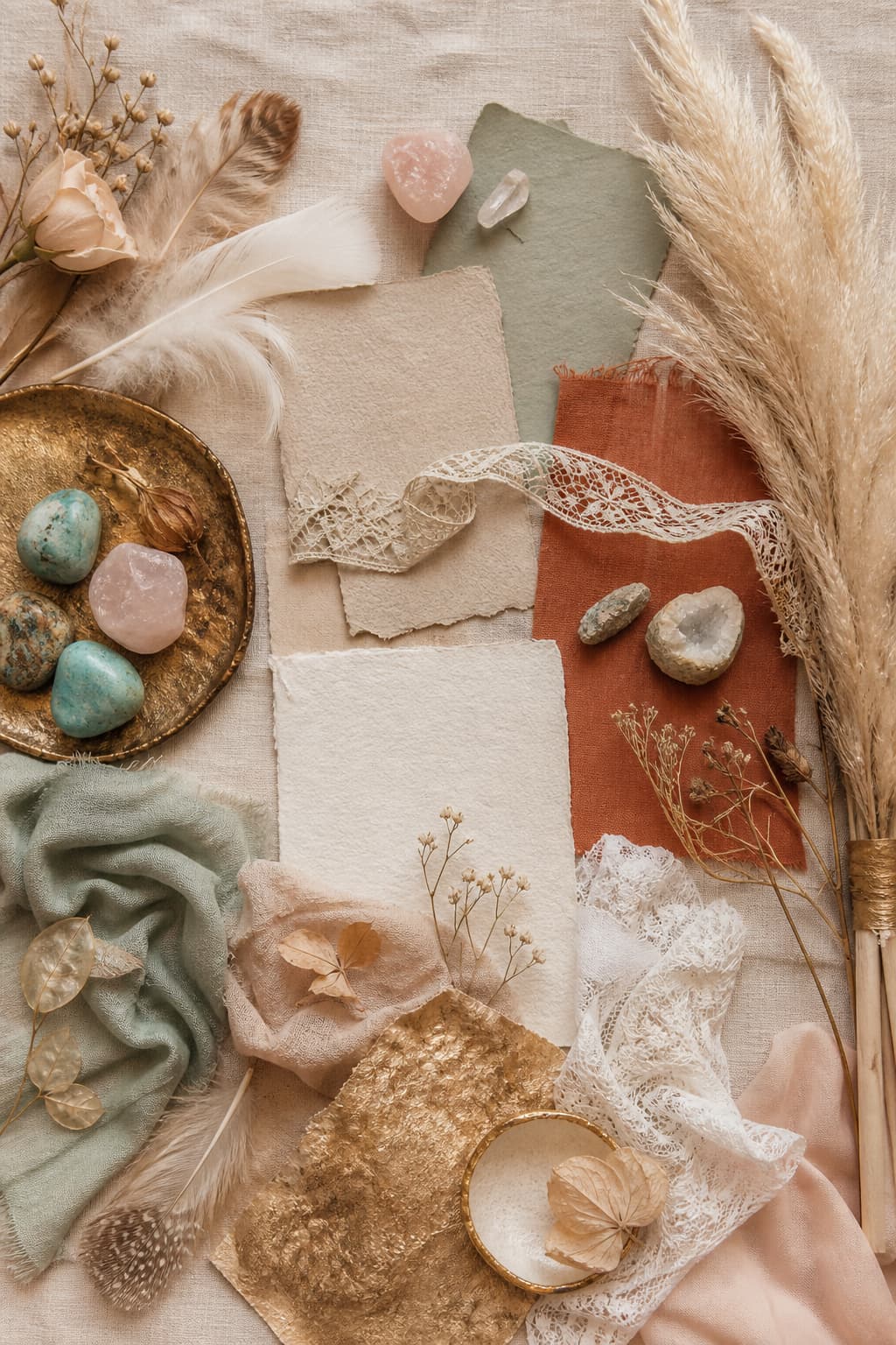 Moodboard de couleurs et matières pour un mariage bohème, associant terracotta, vert sauge, beige, tons pastel, fleurs séchées, plumes, dentelle, pierres brutes et textures dorées sur fond de lin.