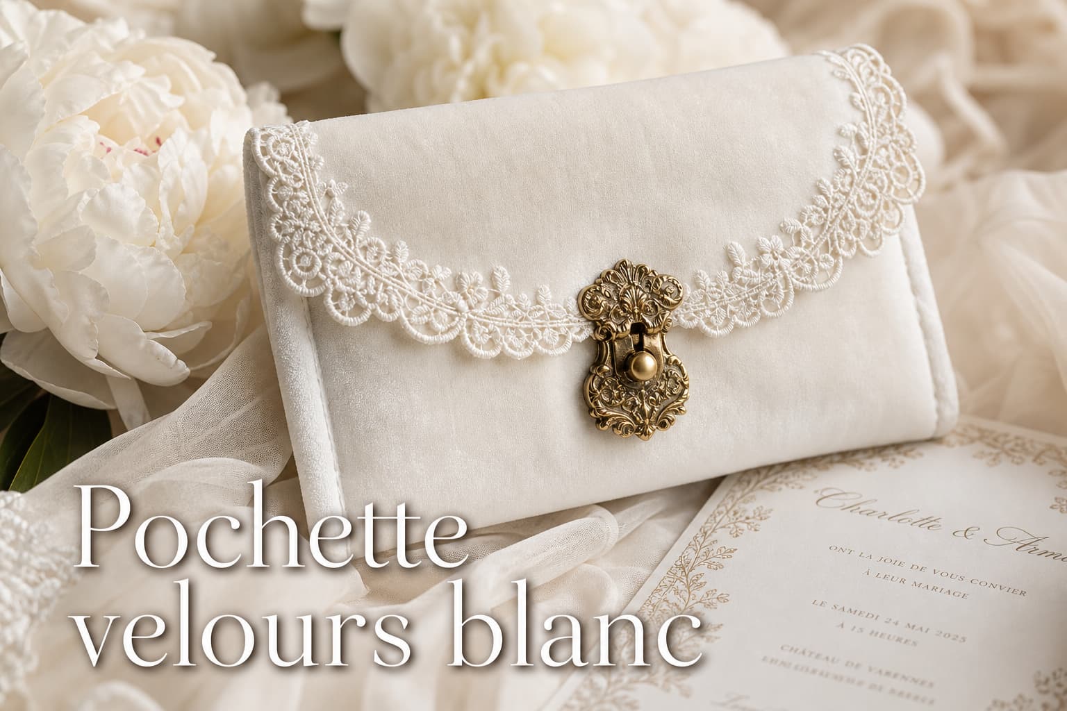 Une pochette de mariée en velours blanc avec dentelle et fermoir doré, posée sur un fond de pivoines blanches et de tissu en mousseline, accompagnée d