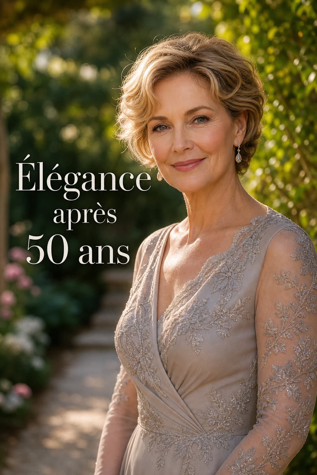 Femme de plus de 50 ans avec une chevelure courte élégante et ondulée, vêtue d