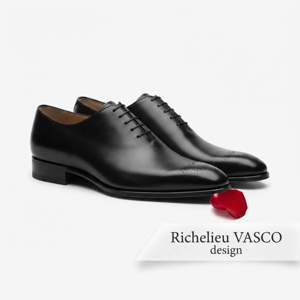 Chaussure Richelieu noire en cuir modèle VASCO de Finsbury, présentée sur fond blanc, avec un pétale de rose tombant et un bandeau de texte semi-transparent