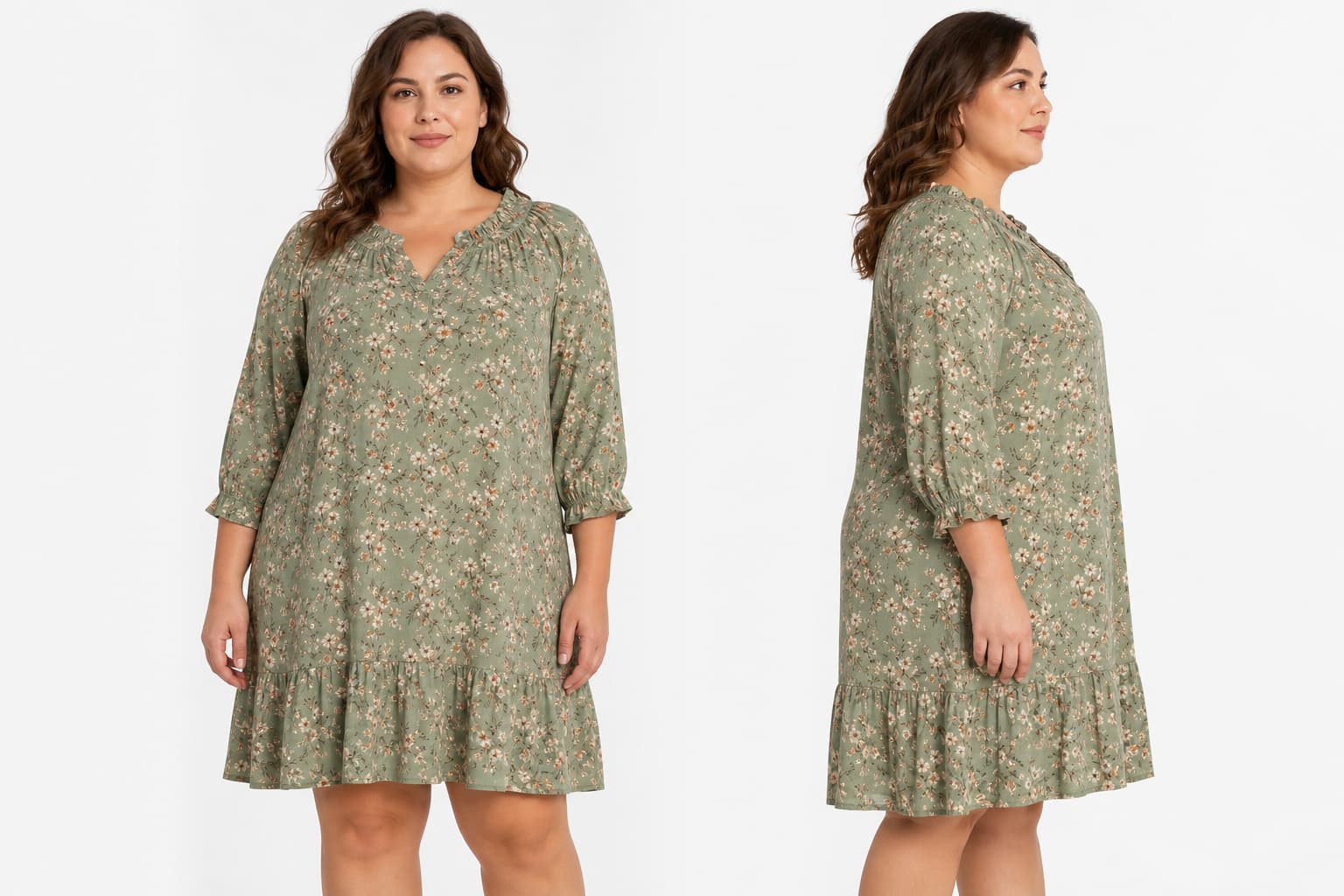 Robe grande taille bohème chic en tissu floral vert, manches trois-quarts, détails volants, vue avant et côté sur fond blanc.