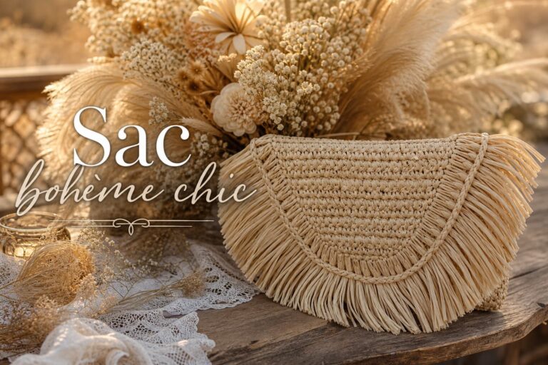 Sac en paille naturelle avec détails à franges, posé sur une table en bois rustique, entouré de fleurs séchées et de dentelle, sous une lumière chaude et tamisée, avec le texte 'Sac bohème chic' en surimpression.
