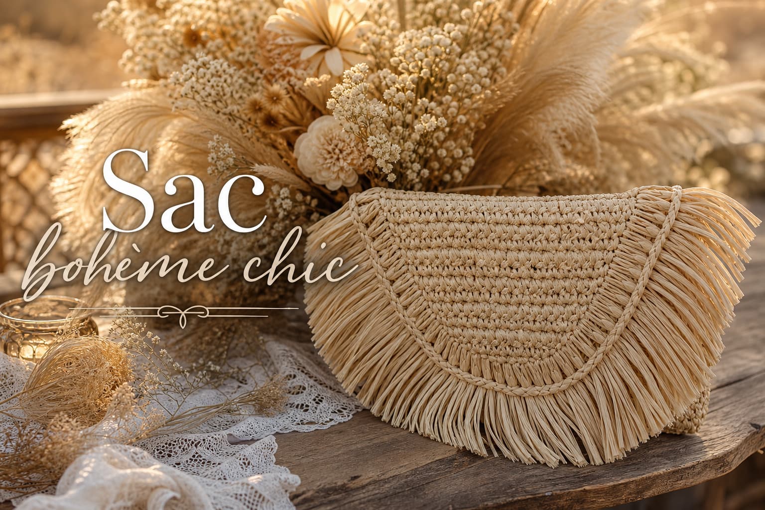 Sac en paille naturelle avec détails à franges, posé sur une table en bois rustique, entouré de fleurs séchées et de dentelle, sous une lumière chaude et tamisée, avec le texte