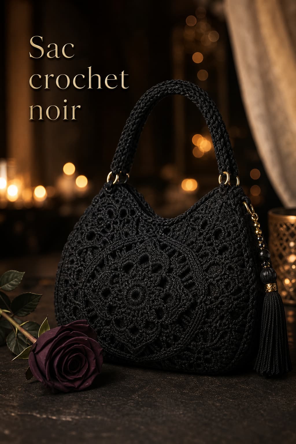 Sac à main en crochet noir aux motifs de dentelle, posé sur un fond sombre avec des lumières dorées en bokeh, une rose sombre à côté, et le texte