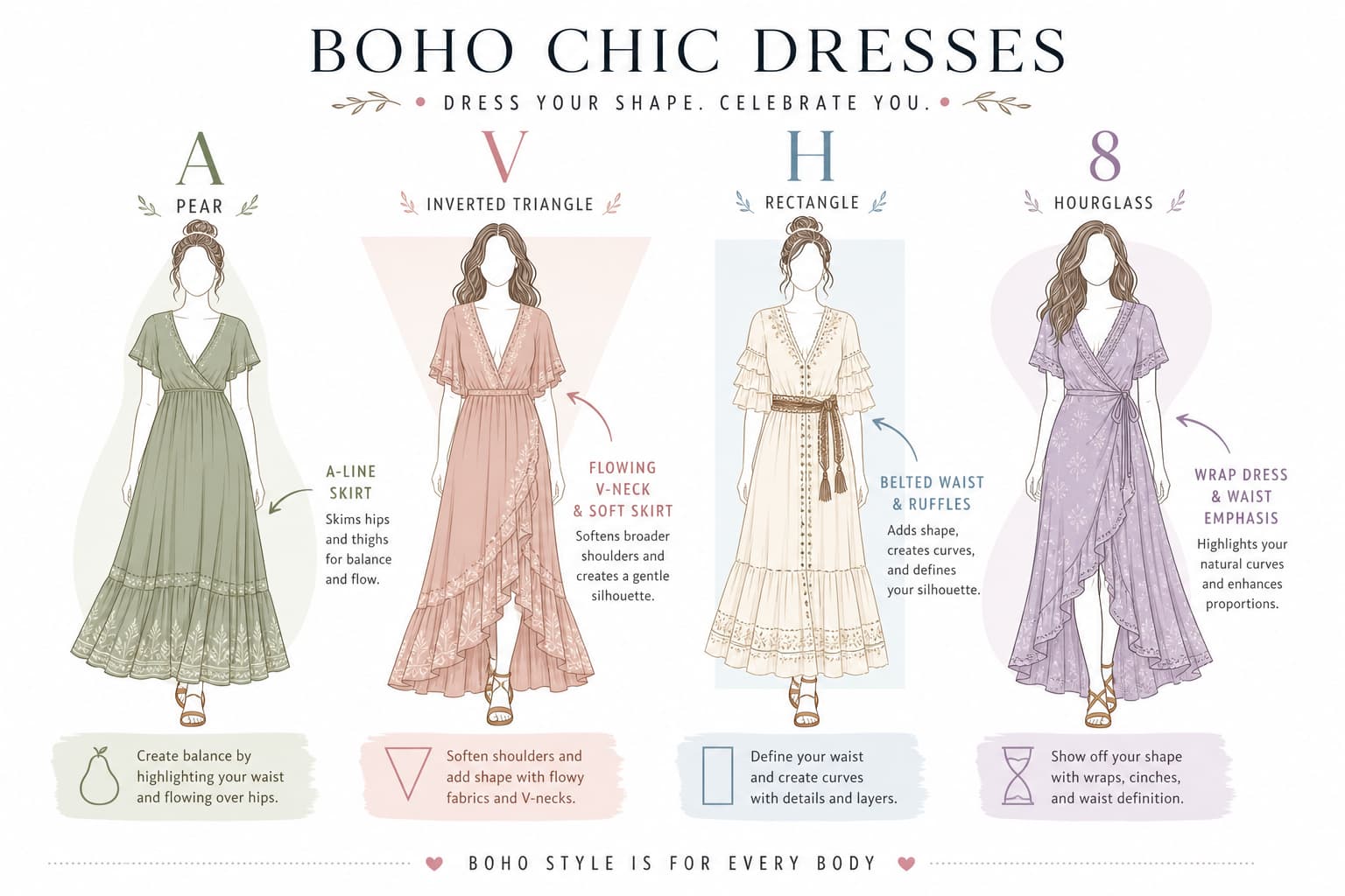 Infographie mode présentant quatre silhouettes féminines correspondant aux morphologies poire, triangle inversé, rectangle et sablier, vêtues de robes bohèmes chic, avec étiquettes