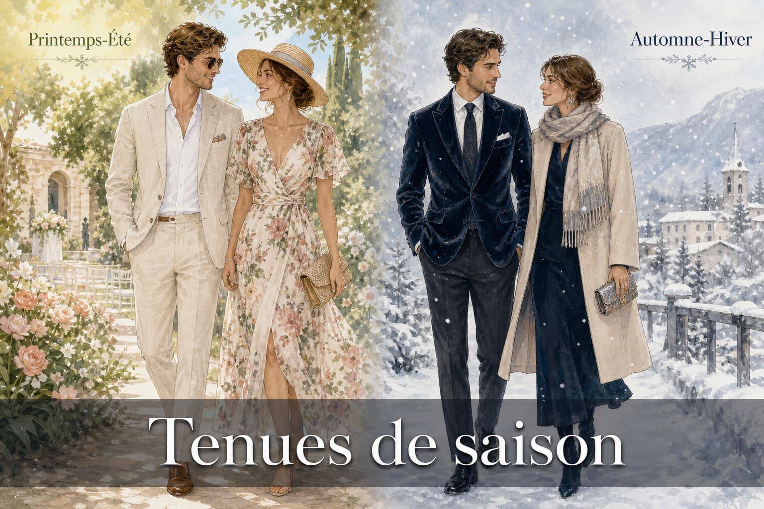 Scène divisée en aquarelle douce montrant à gauche une tenue de mariage d