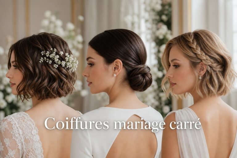 Trois coiffures de mariage pour carrés courts sur fond de salle floue : une ondulée avec fleurs, un chignon bas lisse et une tresse latérale, avec le texte 'Coiffures mariage carré' en surimpression.