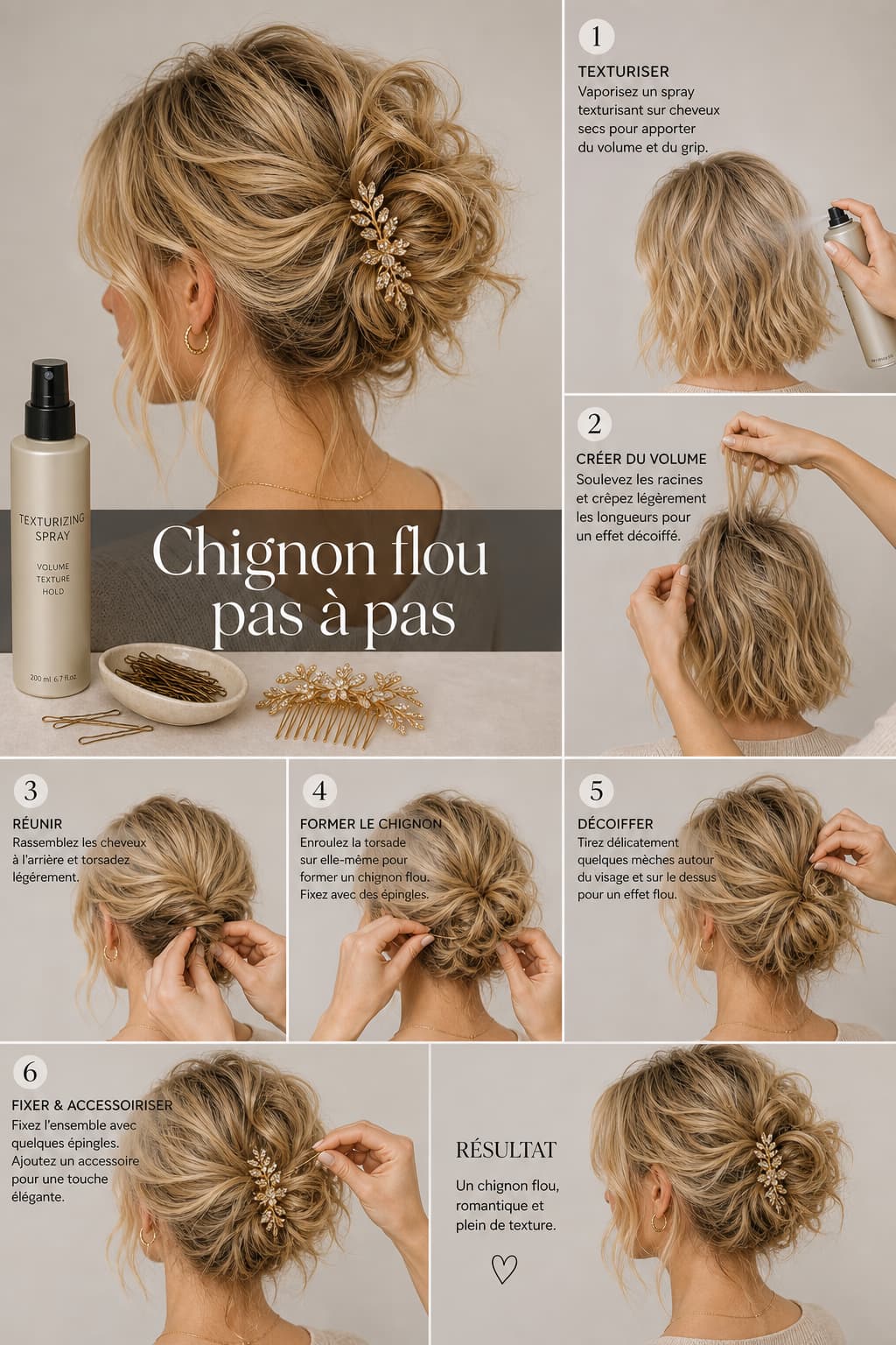 Vue rapprochée de mains coiffant des cheveux blonds en un chignon flou, avec des épingles à cheveux, un spray texturisant et un peigne décoratif, sur fond neutre, et un texte