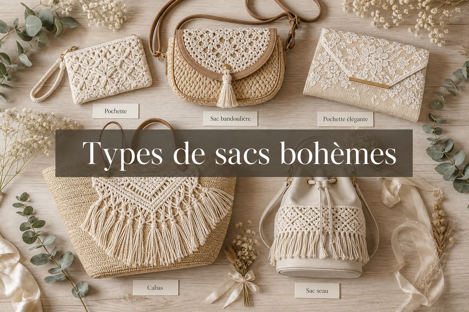 Composition à plat de cinq sacs de mariage bohème chic en matières naturelles sur fond bois clair, avec eucalyptus et gypsophile, et texte