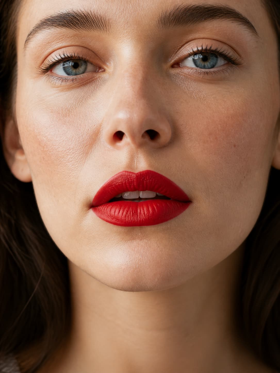 Gros plan sur le bas d’un visage féminin, montrant une bouche maquillée d’un rouge à lèvres rouge vif au contour précis, contrastant avec un regard discret simplement souligné de mascara.