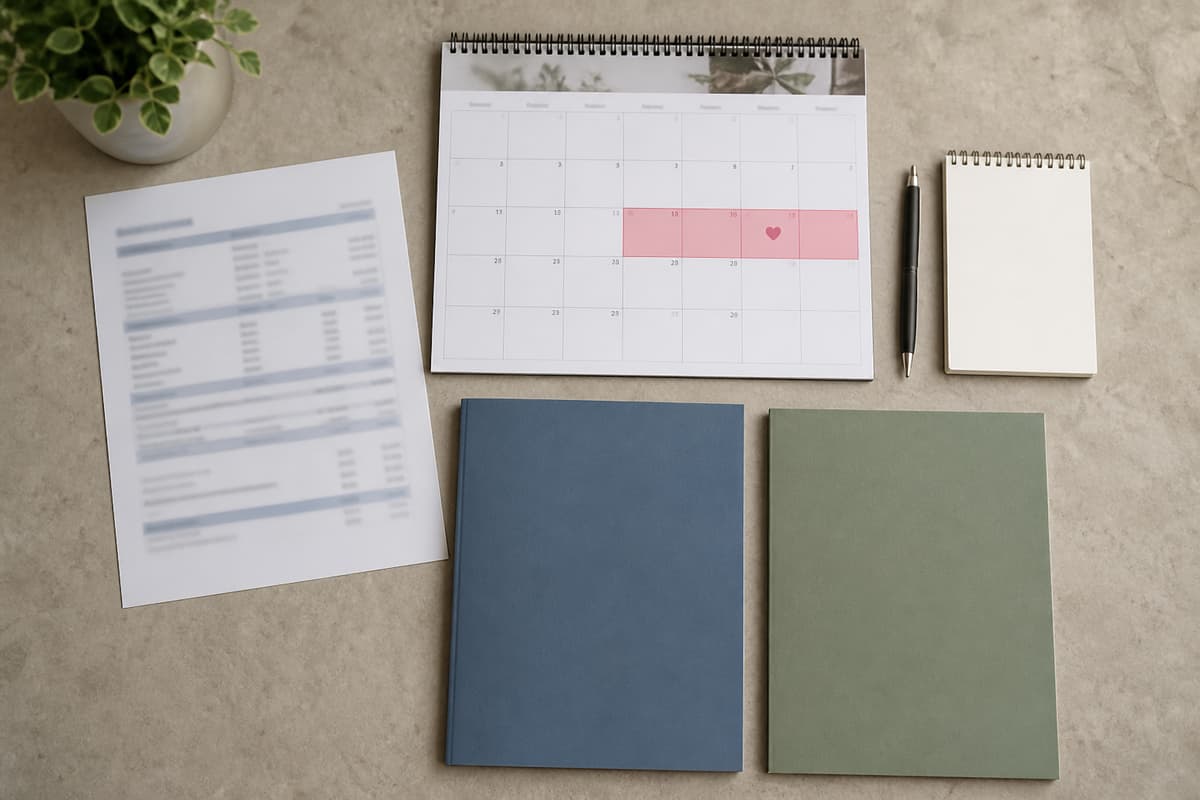 Bulletin de paie générique, calendrier indiquant une période d'absence et deux dossiers de couleurs différentes posés sur un bureau sobre.