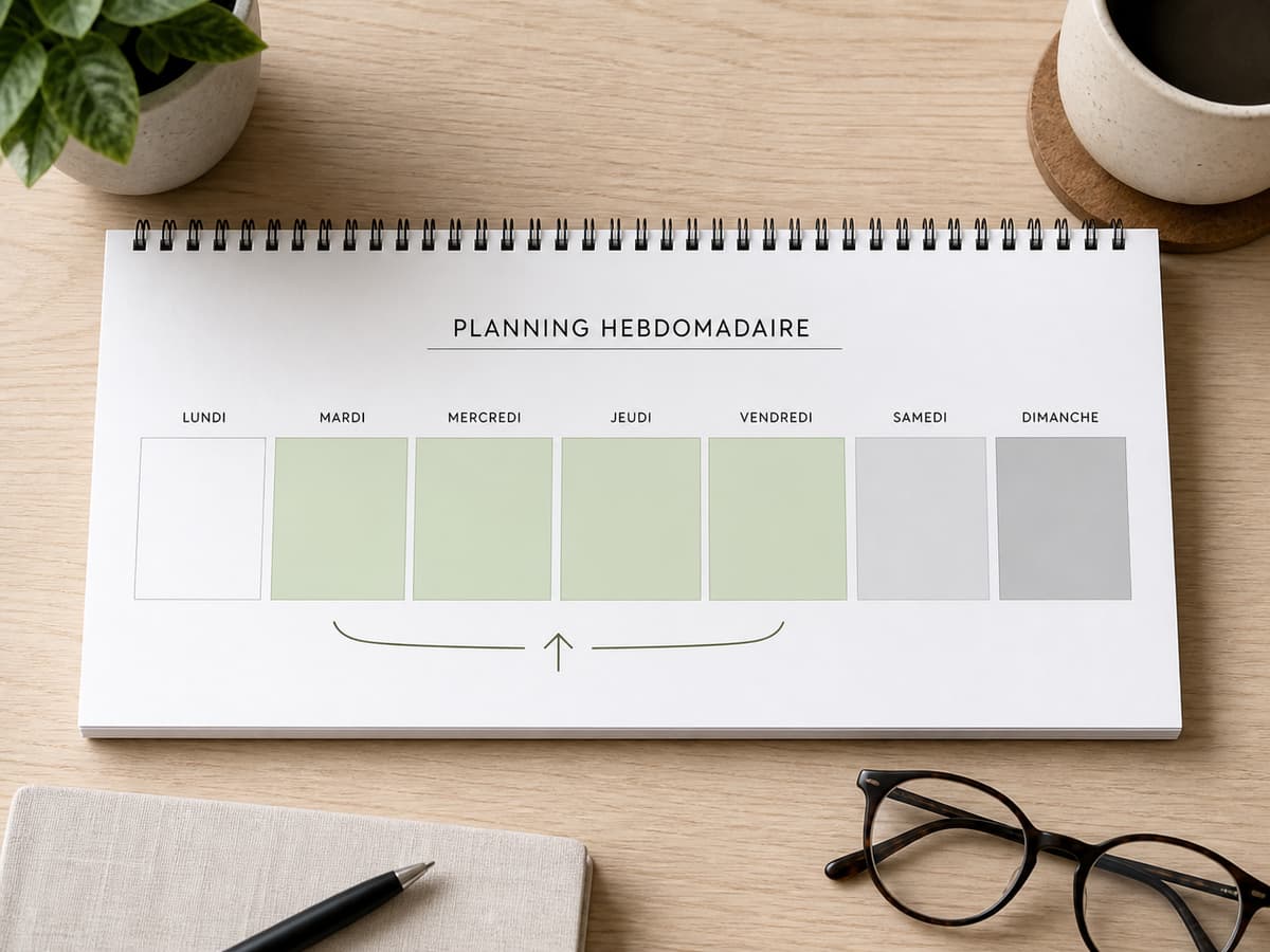 Calendrier hebdomadaire vu de dessus avec quatre jours ouvrés consécutifs surlignés en vert, un week-end en gris et le dimanche légèrement plus foncé.