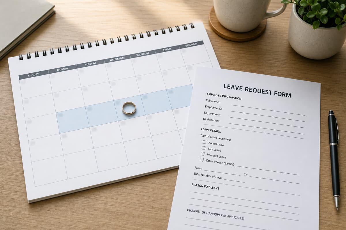 Calendrier de bureau avec une date entourée d'une alliance, quelques jours adjacents surlignés et un formulaire de demande d'absence posé à côté.